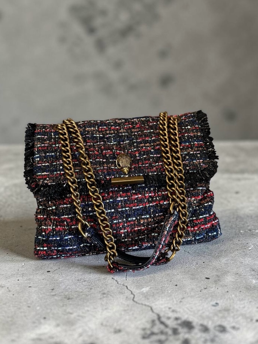 Kurt Geiger Woven Tweed Shoulder Bag with Gold Chain - Black & Red - Picture 1 of 7